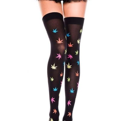 NEW sexy MUSIC LEGS weed MARIJUANA leaf LEAVES opaque THIGH highs HI stockings